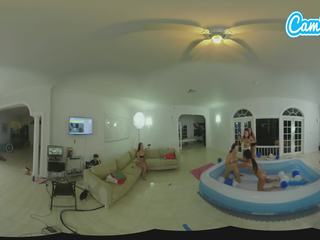 Teen latina lesbians oil wrestling with their big booty step-sisters in VR