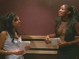 Desiring Interracial lesbian sex video clip in elevator